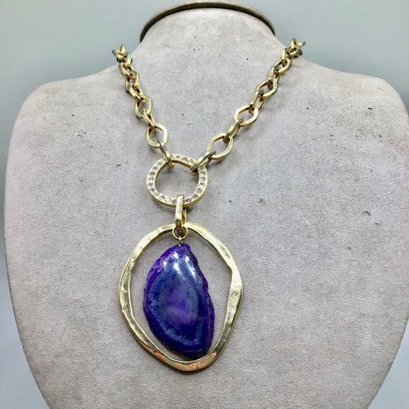 Tori Spelling 80s Necklace Gold Tone Chain Purple Stone Slab Removable Pendant - Picture 11 of 16